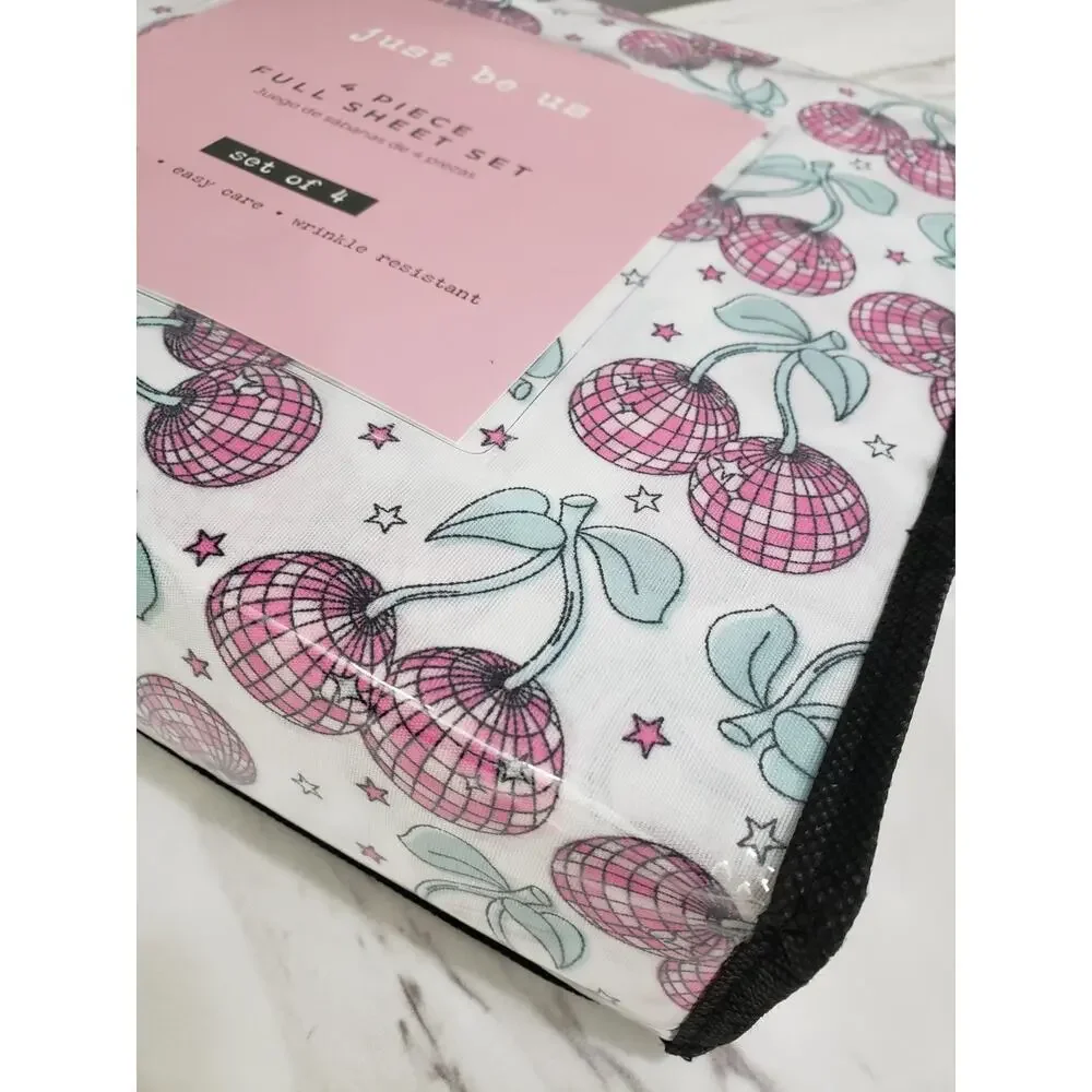 NEW Disco Ball CHERRY print bed sheets full size girl bedroom pink fruit‎ girly